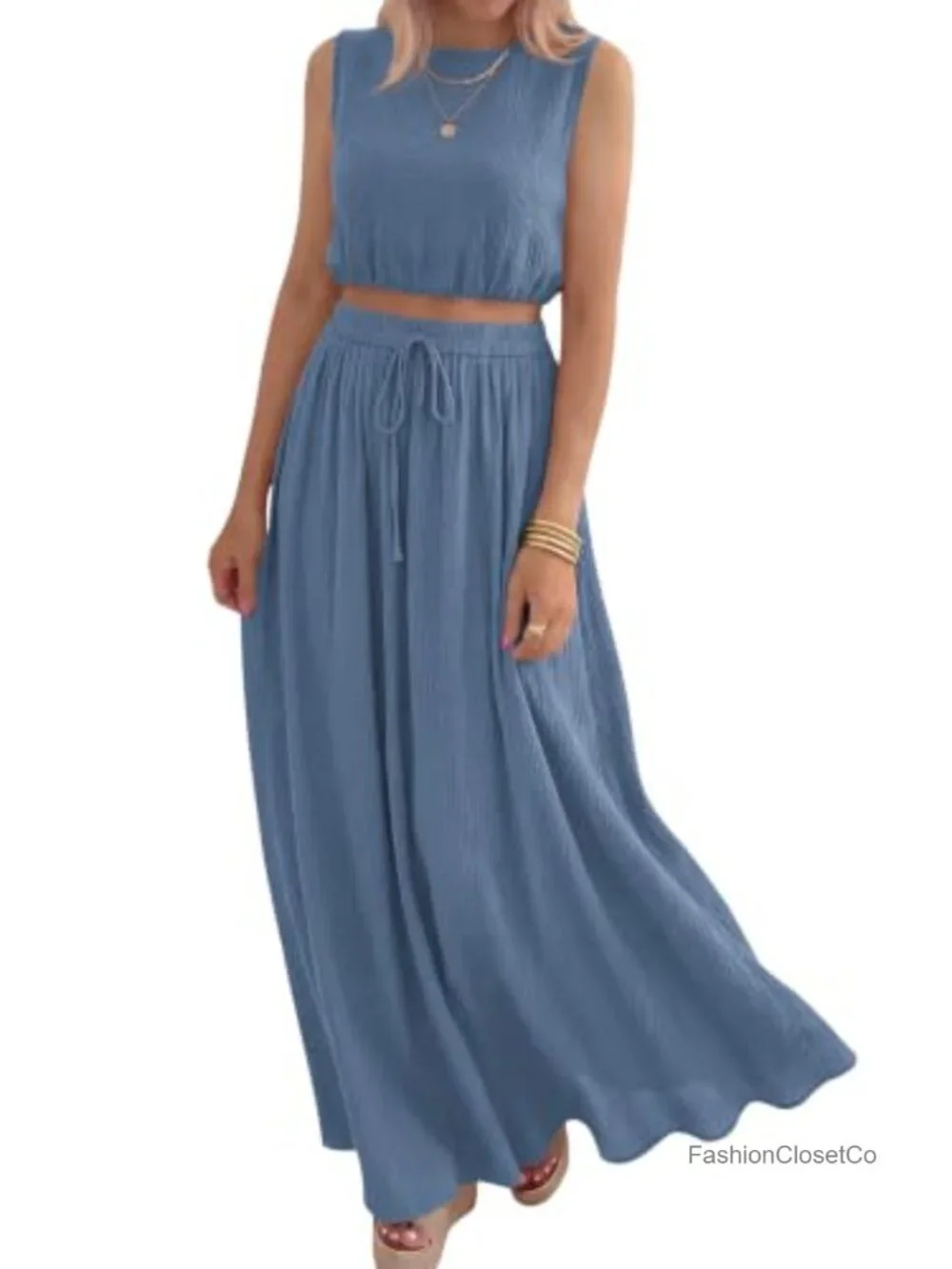 Cotton 2 Piece Set Sleeveless Crop Top Long Maxi Skirt with Pockets